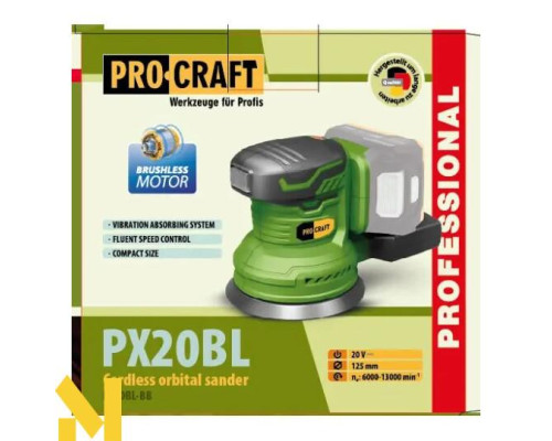 Шліфмашина ексцентрикова акумуляторна Procraft PX20BL (без АКБ та ЗП)