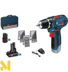 Комплект з шуруповерта Bosch GSR 12V-15 + 2 акумулятора: на 2 Аг і на 4 Аг + набір біт і свердел 39