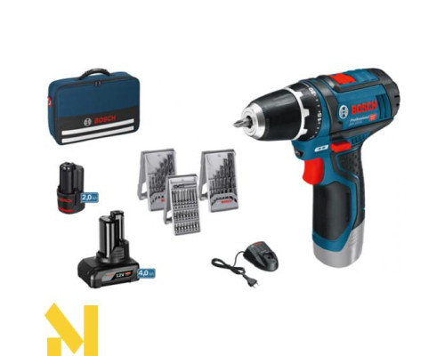 Комплект з шуруповерта Bosch GSR 12V-15 + 2 акумулятора: на 2 Аг і на 4 Аг + набір біт і свердел 39