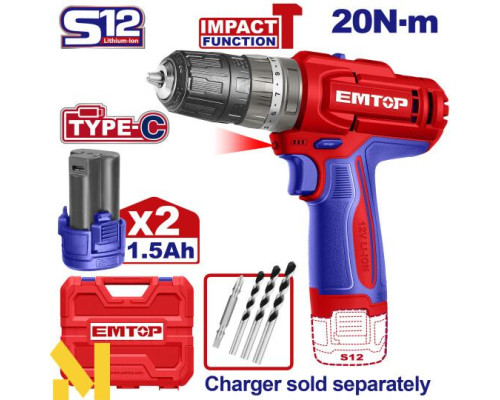 Дриль-шуруповерт акумуляторний EMTOP ECIDL12206 (без ЗП)