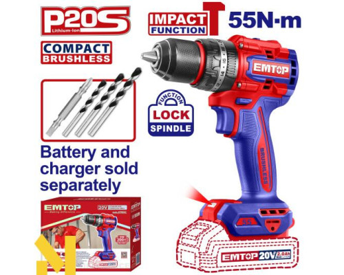 Дриль-шуруповерт ударний акумуляторний EMTOP ECIDL205581 (без АКБ та ЗП)