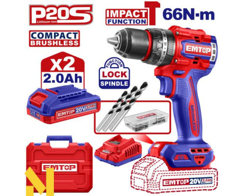 Дриль-шуруповерт акумуляторний EMTOP ECIDL20668