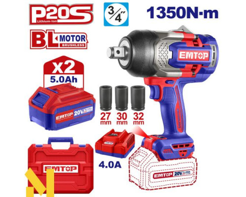 Гайковерт акумуляторний ударний EMTOP ECIWL20135