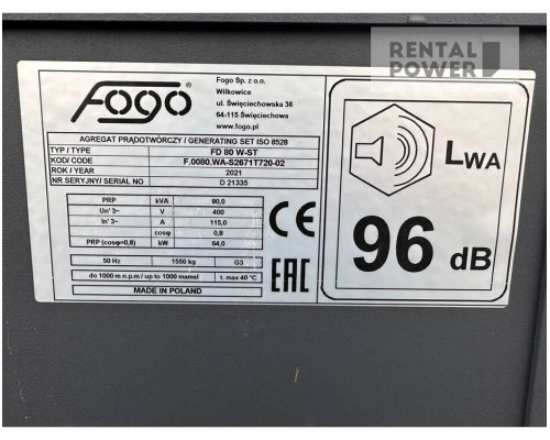 Генератор дизельний FOGO FD 80 W-ST (62 кВт)